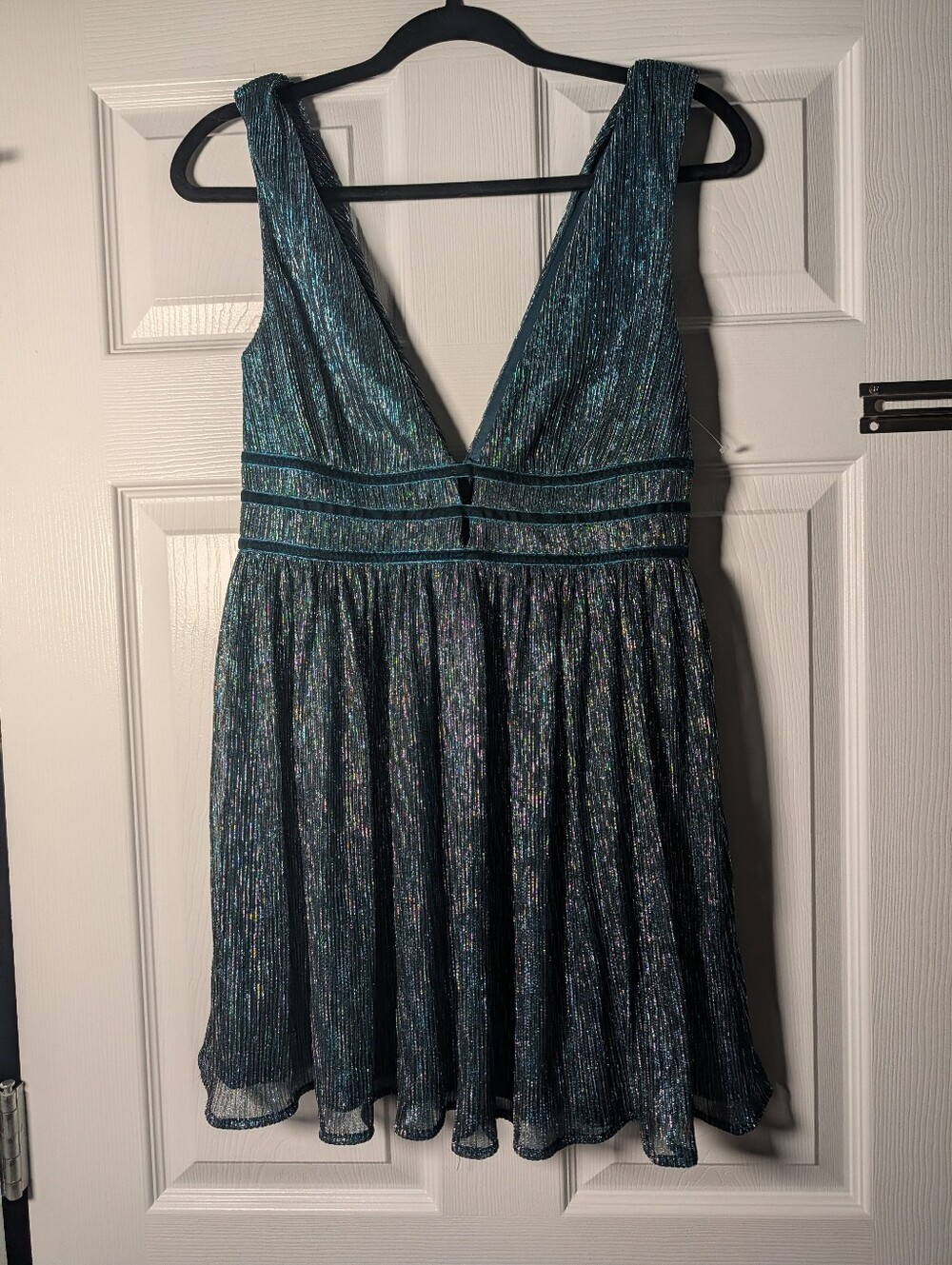 Lulus Size Small Teal Iridescent Metallic Pleated Fit & Flare Party Dress
